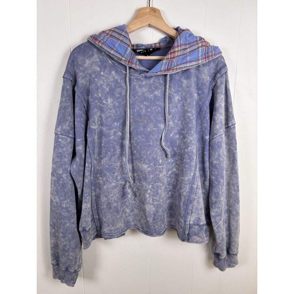 White Birch Black Label Blue with Plaid Hoodie Sz Large Drawstring Drop Shoulder